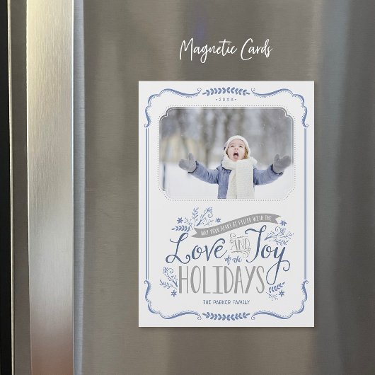 Blue Floral Whimsy Magnetic Holiday Photo Card