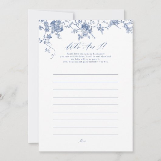 Blue Floral Wie ben ik Vrijgezellenfeest spel Kaar Kaart (Voorkant)