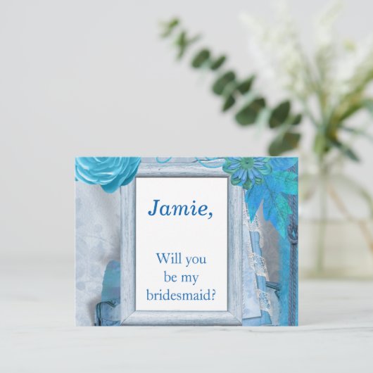 Blue Floral Wil jij mijn bruidsmeisje zijn? Uitnodiging Briefkaart (Staand voorkant)