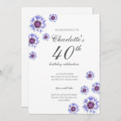Blue Floral Wildflower 40ste verjaardagsfeest Kaart (Voorkant / Achterkant)