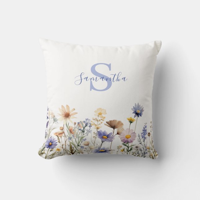 Blue Floral Wildflower gepersonaliseerd Kussen (Voorkant)