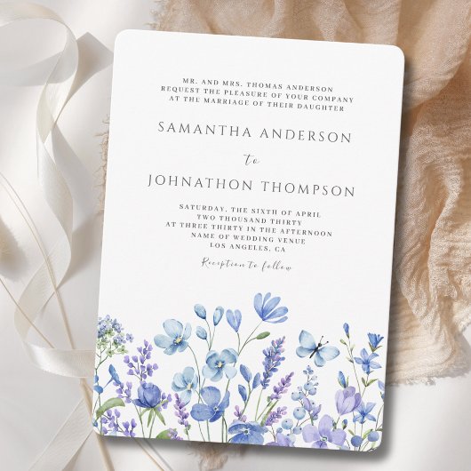 Blue Floral Wildflower Meadow Wedding Invitation Kaart