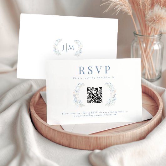 Blue Floral Wildflower Wedding RSVP QR Code Kaarte