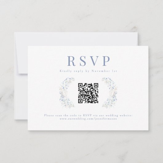 Blue Floral Wildflower Wedding RSVP QR Code Kaarte (Voorkant)