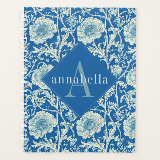 Blue Floral William Morris Elegant Monogram Planner (Voorkant)