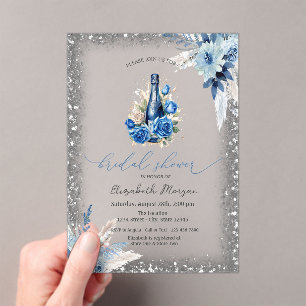 Blue Floral Wine Bottle Glitter Lijst Baby shower Acryl Uitnodigingen