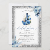 Blue Floral Wine Bottle Glitter Lijst Baby shower Kaart (Voorkant)