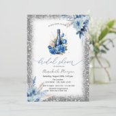 Blue Floral Wine Bottle Glitter Lijst Baby shower Kaart (Staand voorkant)