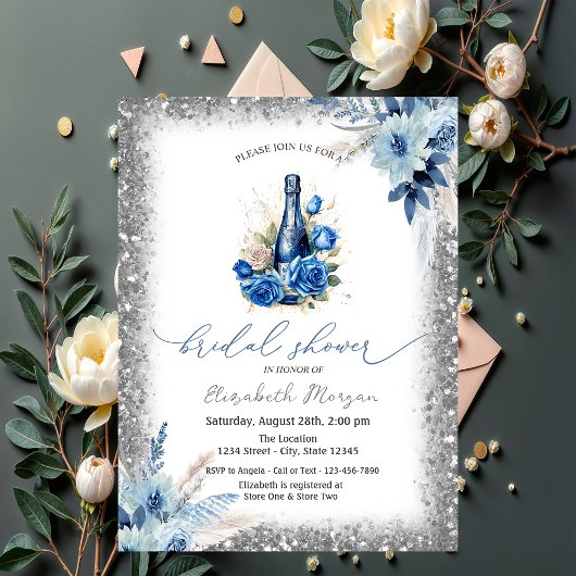 Blue Floral Wine Bottle Glitter Lijst Baby shower Kaart