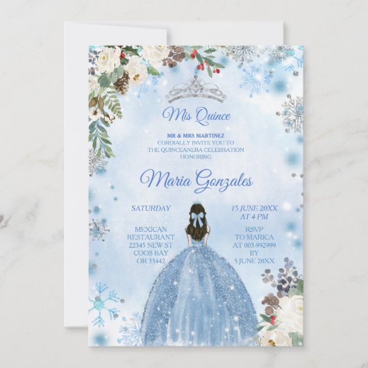 Blue Floral & Winter Holiday Mis Quince Birthday Kaart (Voorkant)