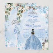 Blue Floral & Winter Holiday Mis Quince Birthday Kaart (Voorkant / Achterkant)