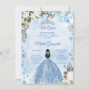 Blue Floral & Winter Holiday Mis Quince Birthday Kaart