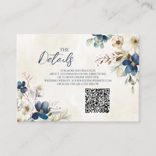 Blue Floral Winter Wedding QR code Details Insert Informatiekaartje (Voorkant)