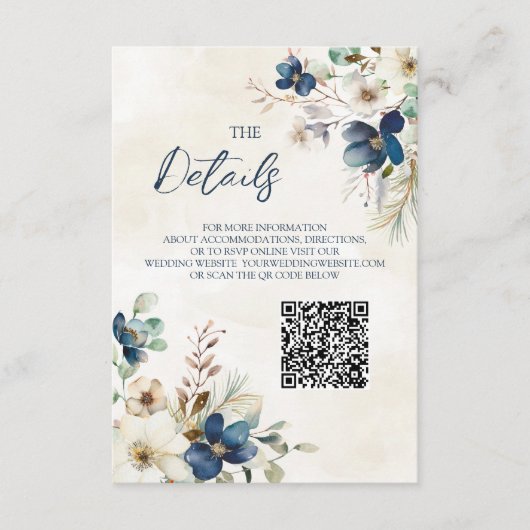 Blue Floral Winter Wedding QR code Details Insert Informatiekaartje (Voorkant)