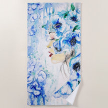 Blue Floral Woman Fantasy Beach Towel - schilderen