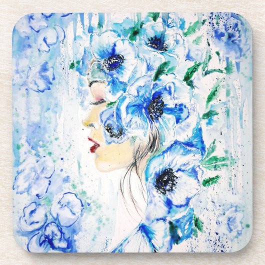 Blue Floral Woman Fantasy Painting Bier Onderzetter (Voorkant)