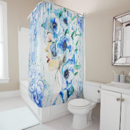 Blue Floral Woman Fantasy Shower Curtain Douchegordijn