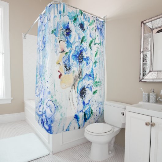Blue Floral Woman Fantasy Shower Curtain Douchegordijn (In situ)