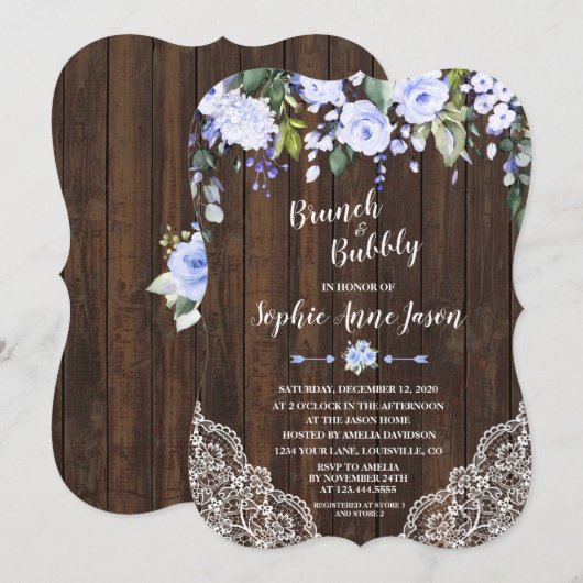 Blue Floral Wood Brunch en Bubbly Vrijgezellenfees Kaart (Voorkant / Achterkant)