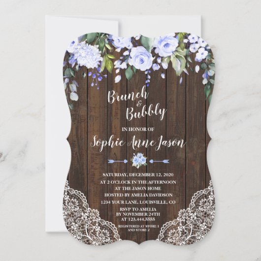 Blue Floral Wood Brunch en Bubbly Vrijgezellenfees Kaart (Voorkant)