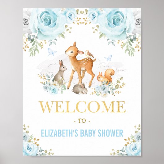 Blue Floral Woodland Animals Baby shower Welkom Poster (Voorkant)