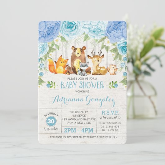 Blue Floral Woodland Animals Boy Baby shower Kaart (Staand voorkant)
