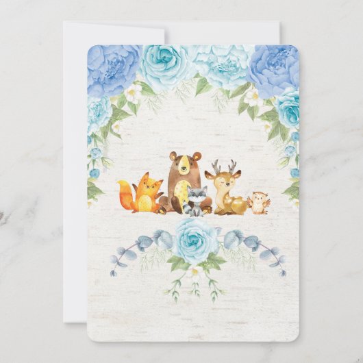 Blue Floral Woodland Animals Boy Baby shower Kaart (Achterkant)