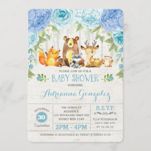 Blue Floral Woodland Animals Boy Baby shower Kaart
