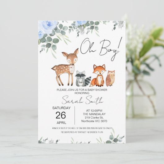 Blue Floral Woodland Baby shower Invitation Kaart (Staand voorkant)
