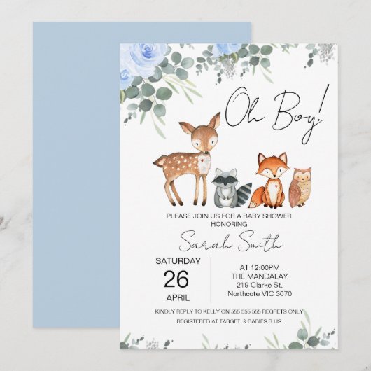 Blue Floral Woodland Baby shower Invitation Kaart (Voorkant / Achterkant)
