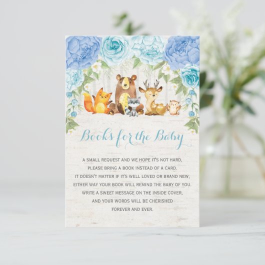 Blue Floral Woodland Forest Dieren Boekaanvraag Informatiekaartje (Staand voorkant)