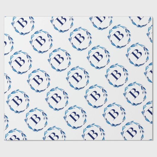 Blue Floral Wreath 'B' Cadeaupapier (Vlak)