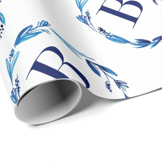 Blue Floral Wreath 'B' Cadeaupapier (Rol Hoek)
