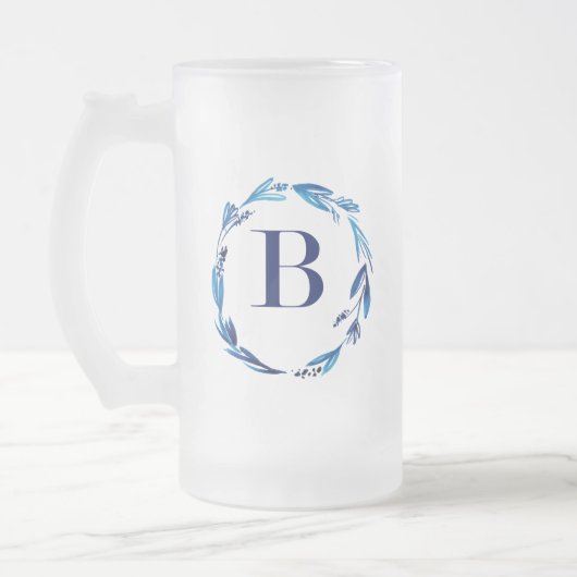 Blue Floral Wreath 'B' Matglas Bierpul (Links)