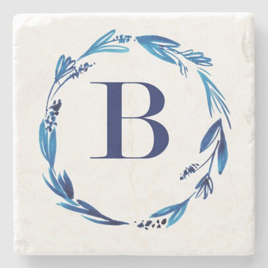 Blue Floral Wreath 'B' Stenen Onderzetter (Voorkant)
