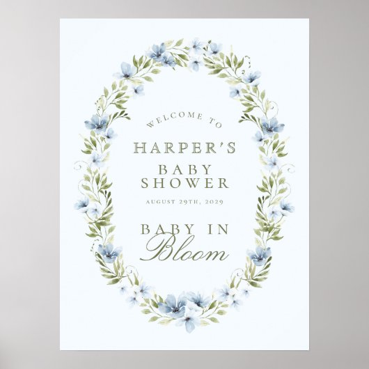 Blue Floral Wreath Baby in Bloom Baby shower teken Poster (Voorkant)