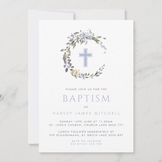 Blue Floral Wreath & Cross Baby Baptisme Kaart (Voorkant)