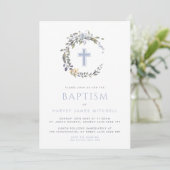 Blue Floral Wreath & Cross Baby Baptisme Kaart (Staand voorkant)