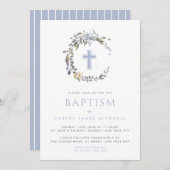 Blue Floral Wreath & Cross Baby Baptisme Kaart (Voorkant / Achterkant)