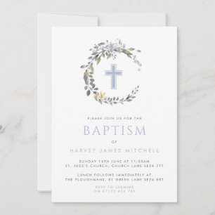 Blue Floral Wreath & Cross Baby Baptisme Kaart