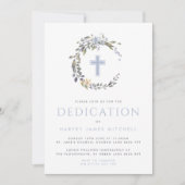 Blue Floral Wreath & Cross Baby Dedication Kaart (Voorkant)