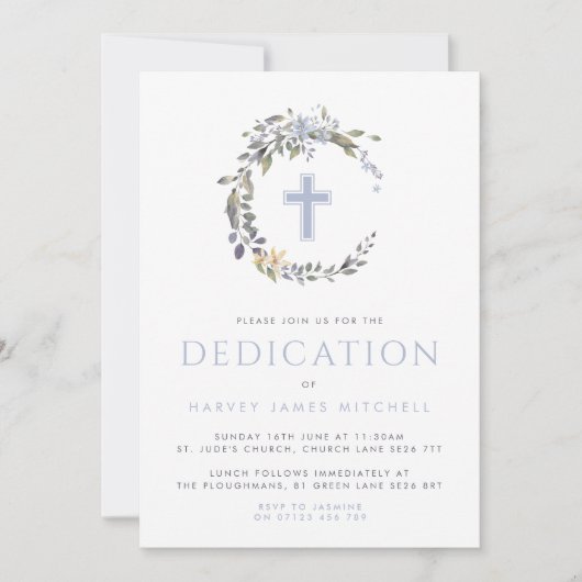 Blue Floral Wreath & Cross Baby Dedication Kaart (Voorkant)