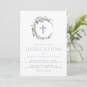 Blue Floral Wreath & Cross Baby Dedication Kaart (Staand voorkant)