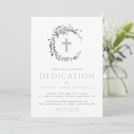 Blue Floral Wreath & Cross Baby Dedication Kaart (Staand voorkant)