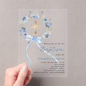 Blue floral wreath cross bow boy baptism clear acryl uitnodigingen (Insitu (Draagbaar))