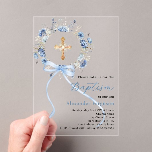 Blue floral wreath cross bow boy baptism clear acryl uitnodigingen (Insitu (Draagbaar))