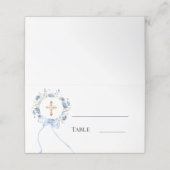 Blue floral wreath gold cross bow ribbon boy plaatskaartje (Buitenkant ongevouwen)