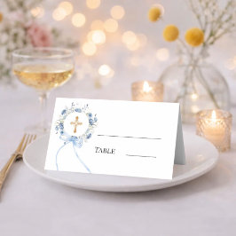 Blue floral wreath gold cross bow ribbon boy plaatskaartje