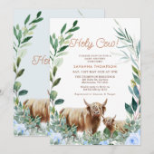 Blue Floral Wreath Highland Koe Baby shower Kaart (Voorkant / Achterkant)