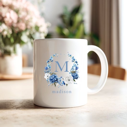 Blue Floral Wreath Monogram  Koffiemok